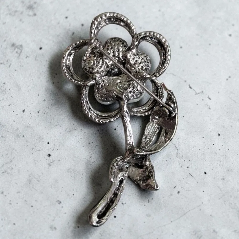 Pearl Rhinestone Flower Brooch, Silver Tone Floral Pin, Cottagecore Jewelry
